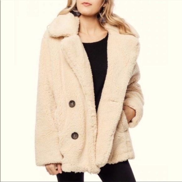 Free People Jackets & Blazers - FREE PEOPLE - Beige Teddy Fau Sherpa Pea Coat Sz L